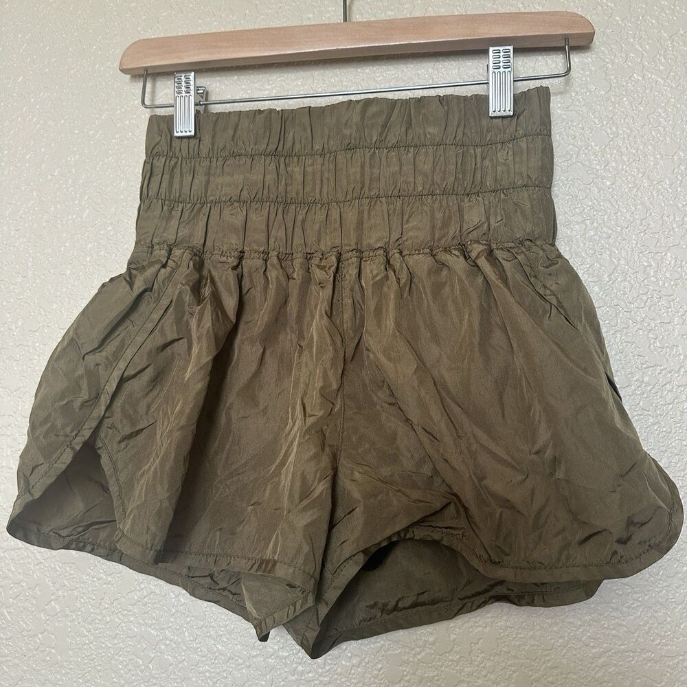 Free People Way Home Shorts Olive Green Workout High Rise‎ Smocked Size Small